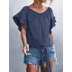 Elasticity Falbala Pleated Solid Color Tied Loose Short Sleeves Round-Neck T-Shirts Tops Elasticity Falbala Pleated Solid Color Tied Loose Short Sleeves Round-Neck T-Shirts Tops