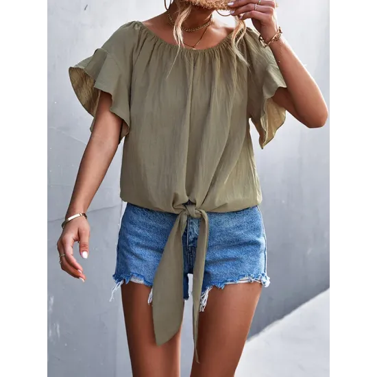 Elasticity Falbala Pleated Solid Color Tied Loose Short Sleeves Round-Neck T-Shirts Tops Elasticity Falbala Pleated Solid Color Tied Loose Short Sleeves Round-Neck T-Shirts Tops