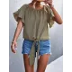 Elasticity Falbala Pleated Solid Color Tied Loose Short Sleeves Round-Neck T-Shirts Tops Elasticity Falbala Pleated Solid Color Tied Loose Short Sleeves Round-Neck T-Shirts Tops