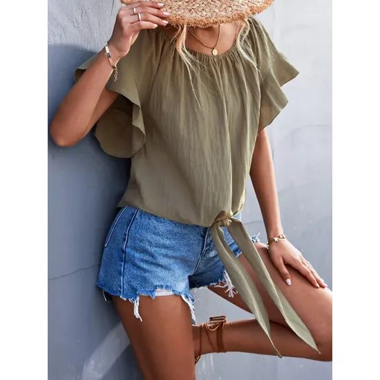 Elasticity Falbala Pleated Solid Color Tied Loose Short Sleeves Round-Neck T-Shirts Tops Elasticity Falbala Pleated Solid Color Tied Loose Short Sleeves Round-Neck T-Shirts Tops