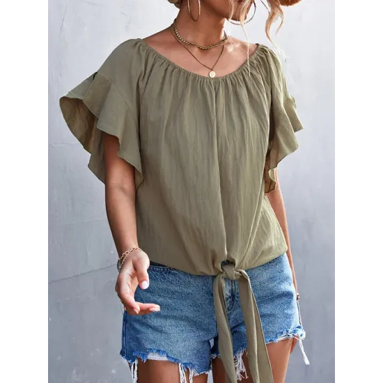 Elasticity Falbala Pleated Solid Color Tied Loose Short Sleeves Round-Neck T-Shirts Tops Elasticity Falbala Pleated Solid Color Tied Loose Short Sleeves Round-Neck T-Shirts Tops