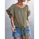 Elasticity Falbala Pleated Solid Color Tied Loose Short Sleeves Round-Neck T-Shirts Tops Elasticity Falbala Pleated Solid Color Tied Loose Short Sleeves Round-Neck T-Shirts Tops