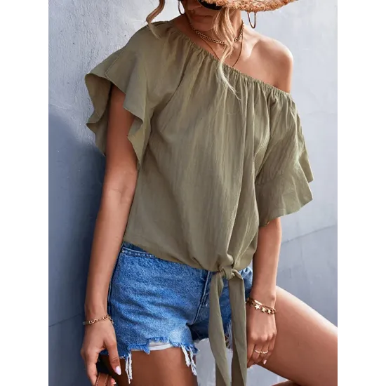 Elasticity Falbala Pleated Solid Color Tied Loose Short Sleeves Round-Neck T-Shirts Tops Elasticity Falbala Pleated Solid Color Tied Loose Short Sleeves Round-Neck T-Shirts Tops