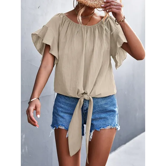 Elasticity Falbala Pleated Solid Color Tied Loose Short Sleeves Round-Neck T-Shirts Tops Elasticity Falbala Pleated Solid Color Tied Loose Short Sleeves Round-Neck T-Shirts Tops
