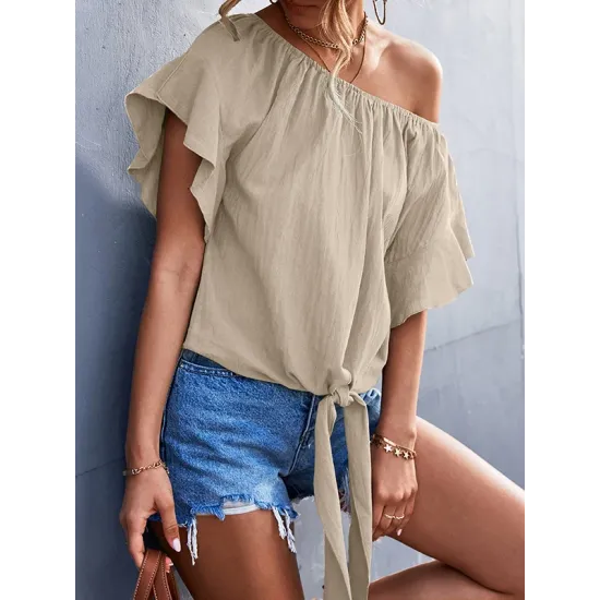 Elasticity Falbala Pleated Solid Color Tied Loose Short Sleeves Round-Neck T-Shirts Tops Elasticity Falbala Pleated Solid Color Tied Loose Short Sleeves Round-Neck T-Shirts Tops