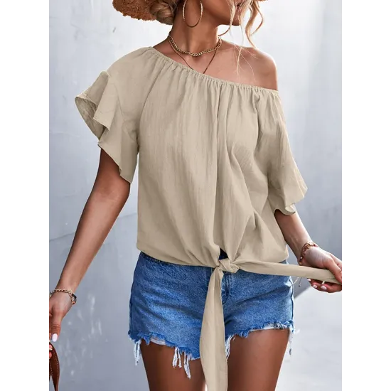Elasticity Falbala Pleated Solid Color Tied Loose Short Sleeves Round-Neck T-Shirts Tops Elasticity Falbala Pleated Solid Color Tied Loose Short Sleeves Round-Neck T-Shirts Tops