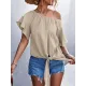 Elasticity Falbala Pleated Solid Color Tied Loose Short Sleeves Round-Neck T-Shirts Tops Elasticity Falbala Pleated Solid Color Tied Loose Short Sleeves Round-Neck T-Shirts Tops