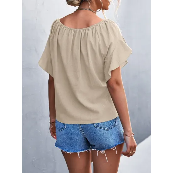 Elasticity Falbala Pleated Solid Color Tied Loose Short Sleeves Round-Neck T-Shirts Tops Elasticity Falbala Pleated Solid Color Tied Loose Short Sleeves Round-Neck T-Shirts Tops