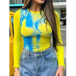 Printed Long Sleeves Skinny Round-Neck T-Shirts Tops