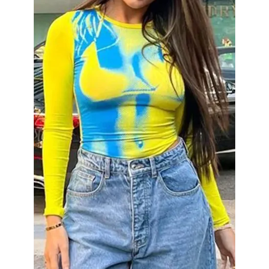 Printed Long Sleeves Skinny Round-Neck T-Shirts Tops Printed Long Sleeves Skinny Round-Neck T-Shirts Tops