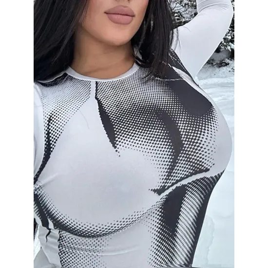 Printed Long Sleeves Skinny Round-Neck T-Shirts Tops Printed Long Sleeves Skinny Round-Neck T-Shirts Tops