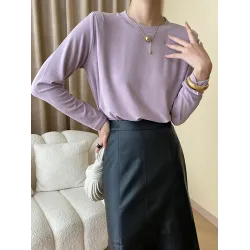 Solid Color Split-Joint Long Sleeves Round-Neck T-Shirts Tops