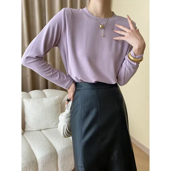 Solid Color Split-Joint Long Sleeves Round-Neck T-Shirts Tops Solid Color Split-Joint Long Sleeves Round-Neck T-Shirts Tops