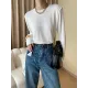 Solid Color Split-Joint Long Sleeves Round-Neck T-Shirts Tops Solid Color Split-Joint Long Sleeves Round-Neck T-Shirts Tops