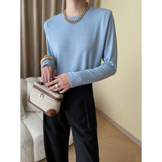 Solid Color Split-Joint Long Sleeves Round-Neck T-Shirts Tops Solid Color Split-Joint Long Sleeves Round-Neck T-Shirts Tops