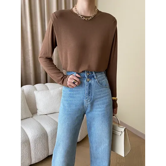 Solid Color Split-Joint Long Sleeves Round-Neck T-Shirts Tops Solid Color Split-Joint Long Sleeves Round-Neck T-Shirts Tops
