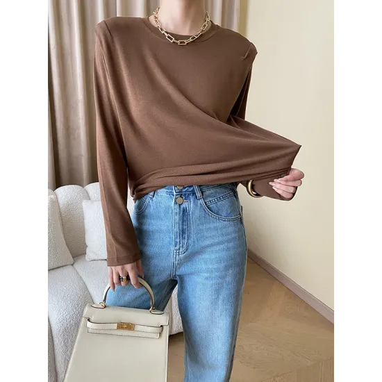 Solid Color Split-Joint Long Sleeves Round-Neck T-Shirts Tops Solid Color Split-Joint Long Sleeves Round-Neck T-Shirts Tops