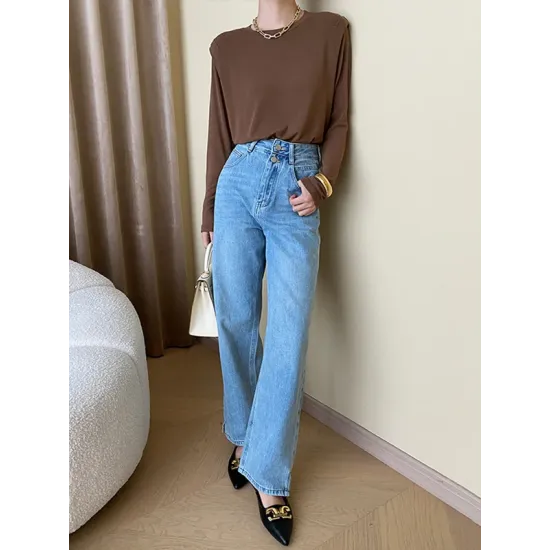 Solid Color Split-Joint Long Sleeves Round-Neck T-Shirts Tops Solid Color Split-Joint Long Sleeves Round-Neck T-Shirts Tops