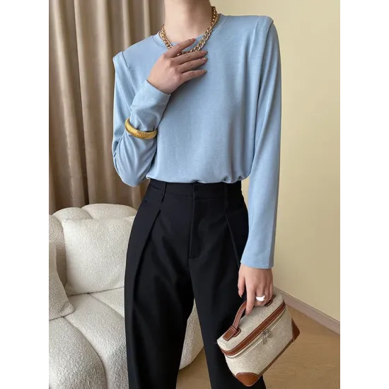 Solid Color Split-Joint Long Sleeves Round-Neck T-Shirts Tops Solid Color Split-Joint Long Sleeves Round-Neck T-Shirts Tops