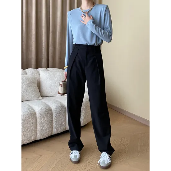 Solid Color Split-Joint Long Sleeves Round-Neck T-Shirts Tops Solid Color Split-Joint Long Sleeves Round-Neck T-Shirts Tops