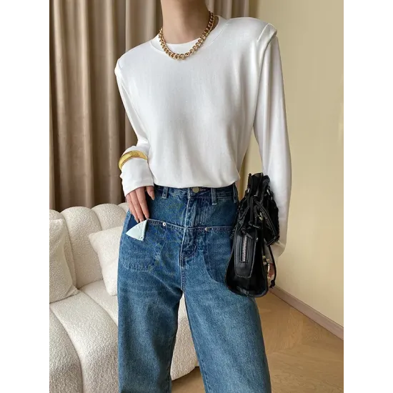 Solid Color Split-Joint Long Sleeves Round-Neck T-Shirts Tops Solid Color Split-Joint Long Sleeves Round-Neck T-Shirts Tops