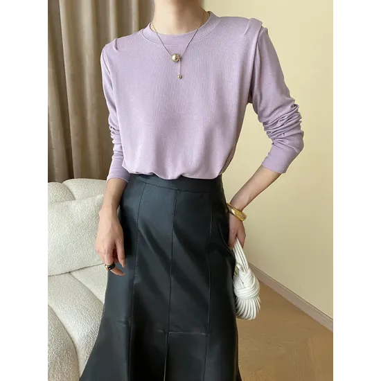 Solid Color Split-Joint Long Sleeves Round-Neck T-Shirts Tops Solid Color Split-Joint Long Sleeves Round-Neck T-Shirts Tops