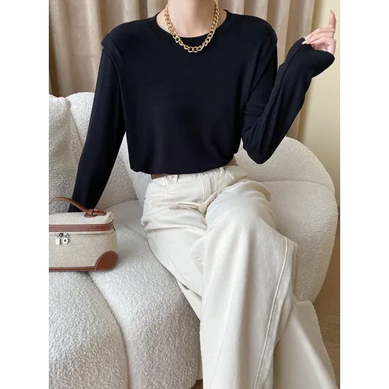 Solid Color Split-Joint Long Sleeves Round-Neck T-Shirts Tops Solid Color Split-Joint Long Sleeves Round-Neck T-Shirts Tops