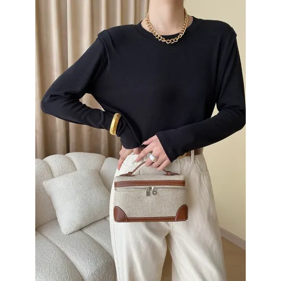 Solid Color Split-Joint Long Sleeves Round-Neck T-Shirts Tops Solid Color Split-Joint Long Sleeves Round-Neck T-Shirts Tops