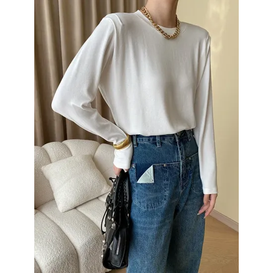 Solid Color Split-Joint Long Sleeves Round-Neck T-Shirts Tops Solid Color Split-Joint Long Sleeves Round-Neck T-Shirts Tops