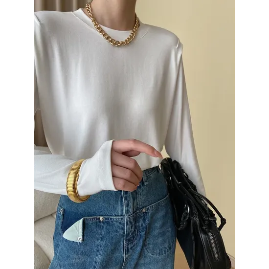 Solid Color Split-Joint Long Sleeves Round-Neck T-Shirts Tops Solid Color Split-Joint Long Sleeves Round-Neck T-Shirts Tops