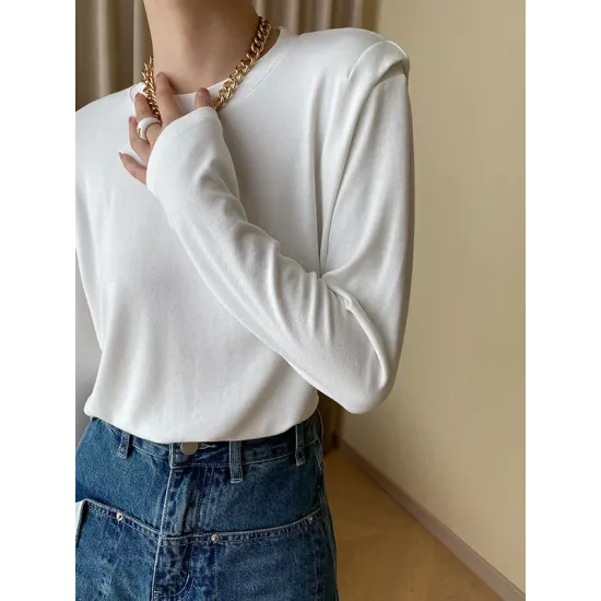 Solid Color Split-Joint Long Sleeves Round-Neck T-Shirts Tops Solid Color Split-Joint Long Sleeves Round-Neck T-Shirts Tops