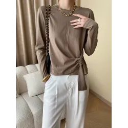 Asymmetric Bowknot Solid Color Long Sleeves Round-Neck T-Shirts Tops