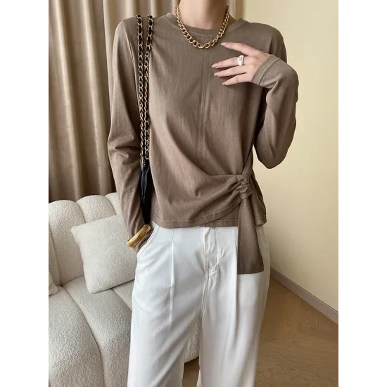 Asymmetric Bowknot Solid Color Long Sleeves Round-Neck T-Shirts Tops Asymmetric Bowknot Solid Color Long Sleeves Round-Neck T-Shirts Tops