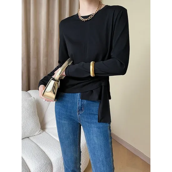 Asymmetric Bowknot Solid Color Long Sleeves Round-Neck T-Shirts Tops Asymmetric Bowknot Solid Color Long Sleeves Round-Neck T-Shirts Tops
