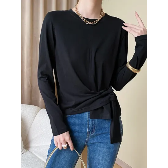 Asymmetric Bowknot Solid Color Long Sleeves Round-Neck T-Shirts Tops Asymmetric Bowknot Solid Color Long Sleeves Round-Neck T-Shirts Tops