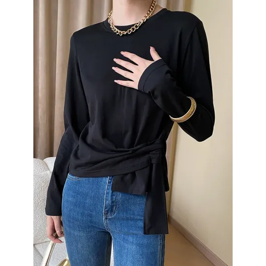 Asymmetric Bowknot Solid Color Long Sleeves Round-Neck T-Shirts Tops Asymmetric Bowknot Solid Color Long Sleeves Round-Neck T-Shirts Tops