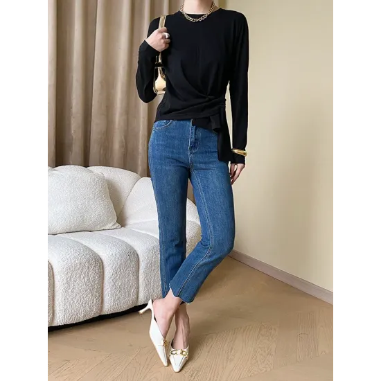 Asymmetric Bowknot Solid Color Long Sleeves Round-Neck T-Shirts Tops Asymmetric Bowknot Solid Color Long Sleeves Round-Neck T-Shirts Tops