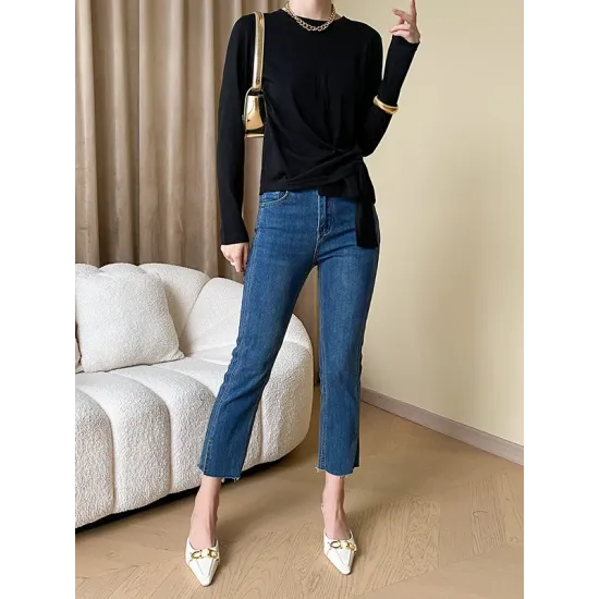 Asymmetric Bowknot Solid Color Long Sleeves Round-Neck T-Shirts Tops Asymmetric Bowknot Solid Color Long Sleeves Round-Neck T-Shirts Tops