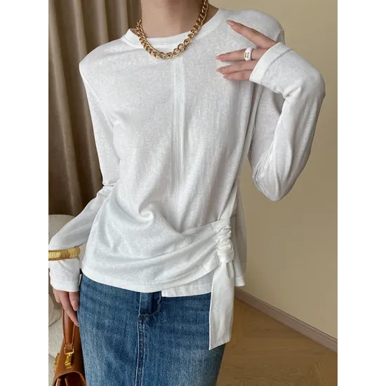 Asymmetric Bowknot Solid Color Long Sleeves Round-Neck T-Shirts Tops Asymmetric Bowknot Solid Color Long Sleeves Round-Neck T-Shirts Tops