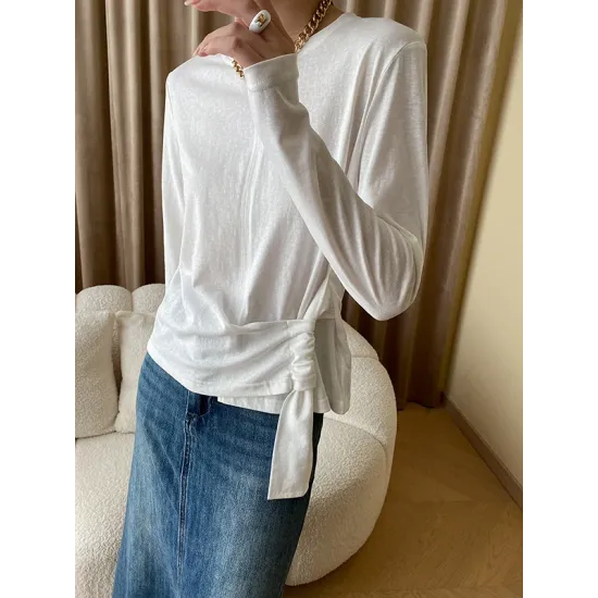 Asymmetric Bowknot Solid Color Long Sleeves Round-Neck T-Shirts Tops Asymmetric Bowknot Solid Color Long Sleeves Round-Neck T-Shirts Tops