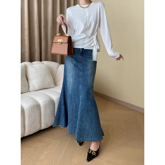 Asymmetric Bowknot Solid Color Long Sleeves Round-Neck T-Shirts Tops Asymmetric Bowknot Solid Color Long Sleeves Round-Neck T-Shirts Tops