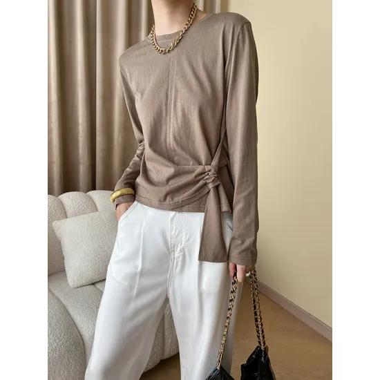 Asymmetric Bowknot Solid Color Long Sleeves Round-Neck T-Shirts Tops Asymmetric Bowknot Solid Color Long Sleeves Round-Neck T-Shirts Tops