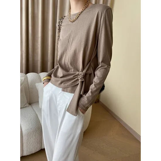 Asymmetric Bowknot Solid Color Long Sleeves Round-Neck T-Shirts Tops Asymmetric Bowknot Solid Color Long Sleeves Round-Neck T-Shirts Tops