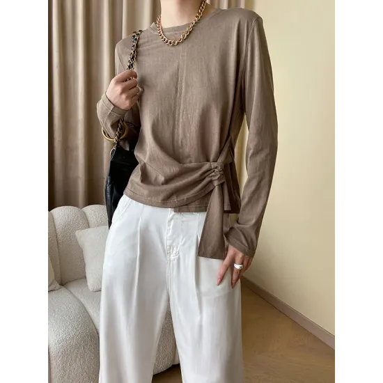 Asymmetric Bowknot Solid Color Long Sleeves Round-Neck T-Shirts Tops Asymmetric Bowknot Solid Color Long Sleeves Round-Neck T-Shirts Tops