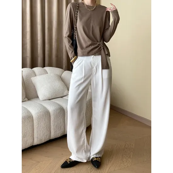 Asymmetric Bowknot Solid Color Long Sleeves Round-Neck T-Shirts Tops Asymmetric Bowknot Solid Color Long Sleeves Round-Neck T-Shirts Tops