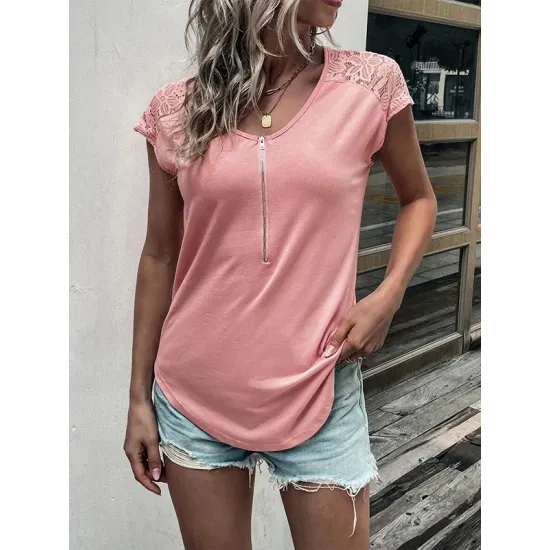 Hollow Solid Color Zipper Short Sleeves Round-Neck T-Shirts Tops