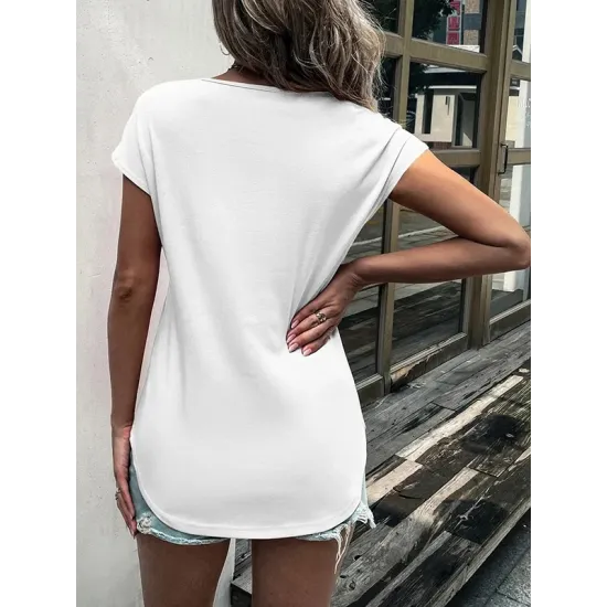 Hollow Solid Color Zipper Short Sleeves Round-Neck T-Shirts Tops