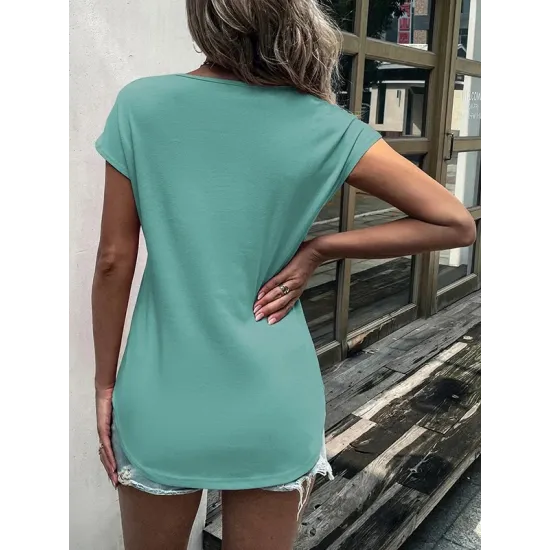 Hollow Solid Color Zipper Short Sleeves Round-Neck T-Shirts Tops