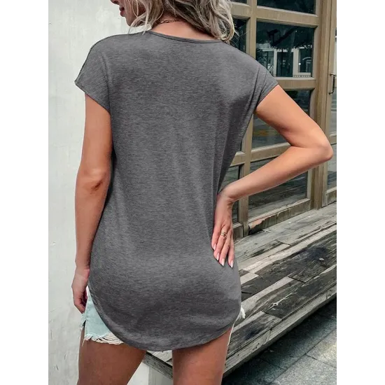 Hollow Solid Color Zipper Short Sleeves Round-Neck T-Shirts Tops