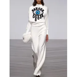 Long Sleeves Loose Applique Embroidered Figure Printed Mock Neck T-Shirts Tops